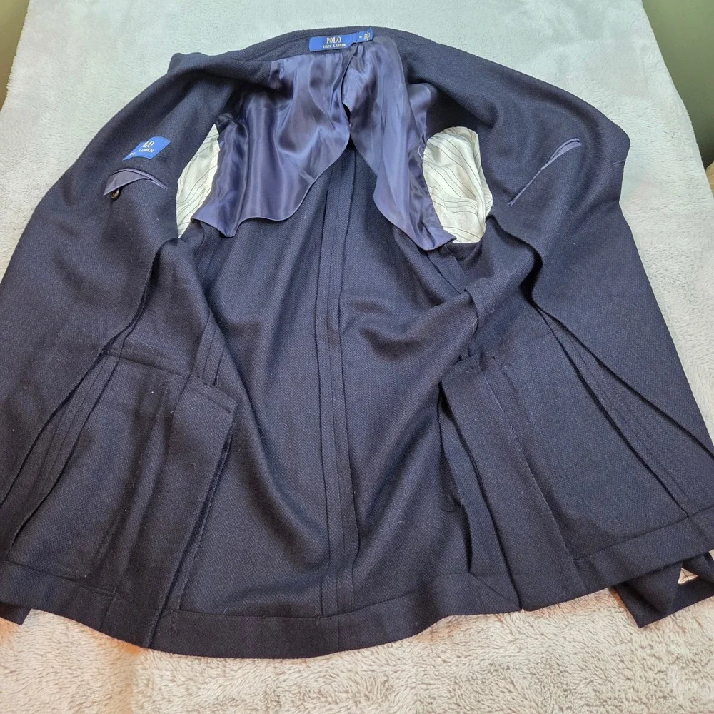 Polo Ralph Lauren Wool Blend Blazer Mens M Herringbone 3-Button Sport Coat Navy‎